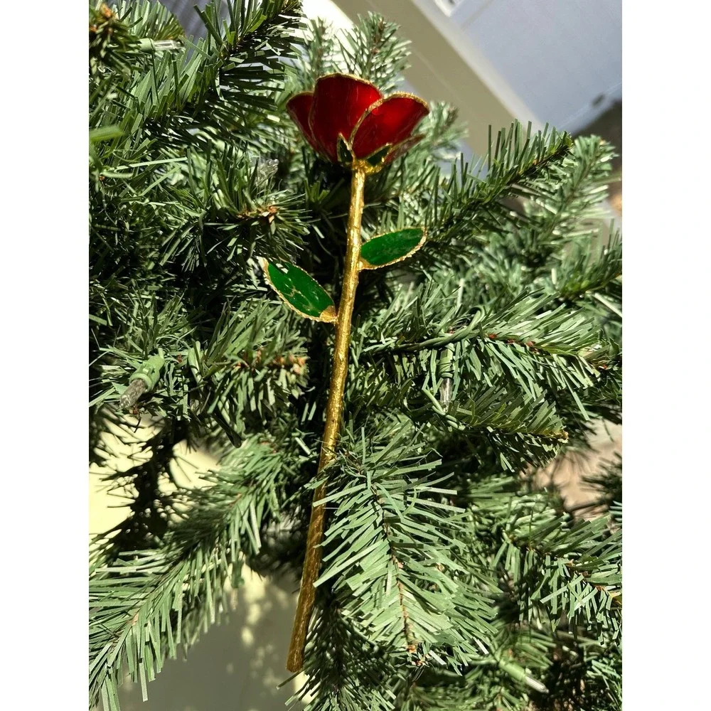 Gold Trimmed Red Rose 24K‎ Style Long Stem Enamel Flower About 11 Inches